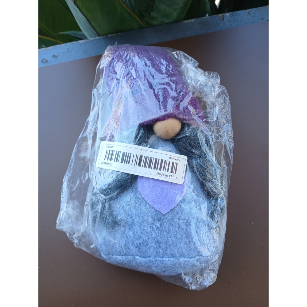 Purple Knit Hat Gnome Plush Decor Grey Felt Braided Whimsical Shelf Sitter 7in
